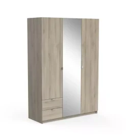 Armadi-Armadio 3 ante con specchio 2 cassetti quercia, 133,5x51,4x191,5 cm