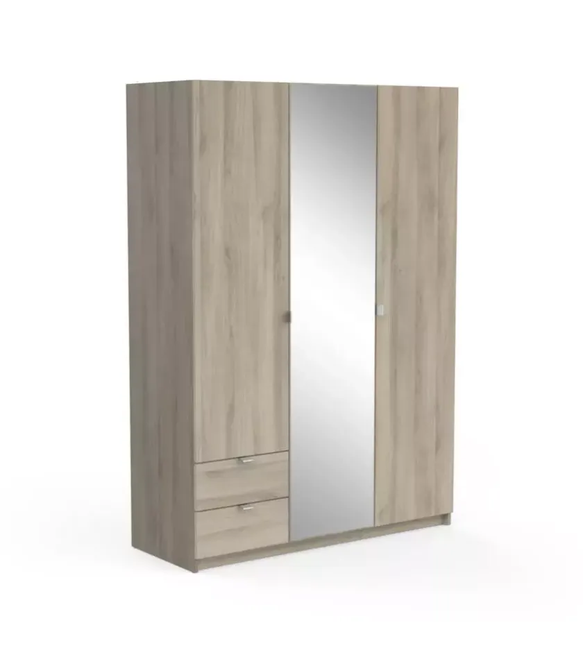 Armadi-Armadio 3 ante con specchio 2 cassetti quercia, 133,5x51,4x191,5 cm