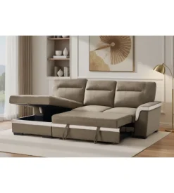 BellaHome Divano letto angolare "erika" in tessuto marrone con penisola a destra 254x92/165x102 cm New