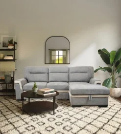 BellaHome Divani-Divano letto angolare "erika" in tessuto grigio con penisola a destra, 254x92/165x102 cm