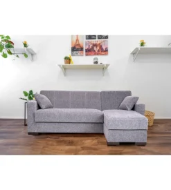 BellaHome Divano letto "merlin" in tessuto grigio con cassettone e penisola reversibile, 225x150x81 cm New