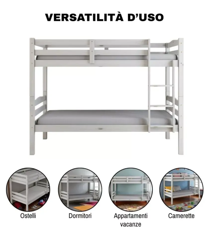 BellaHome Letti E Comodini-Letto a castello "marsiglia" in pino massello bianco 202x98x150 cm