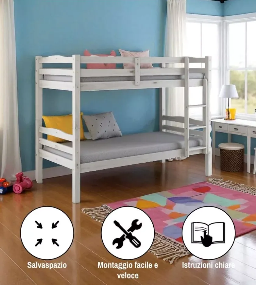 BellaHome Letti E Comodini-Letto a castello "marsiglia" in pino massello bianco 202x98x150 cm