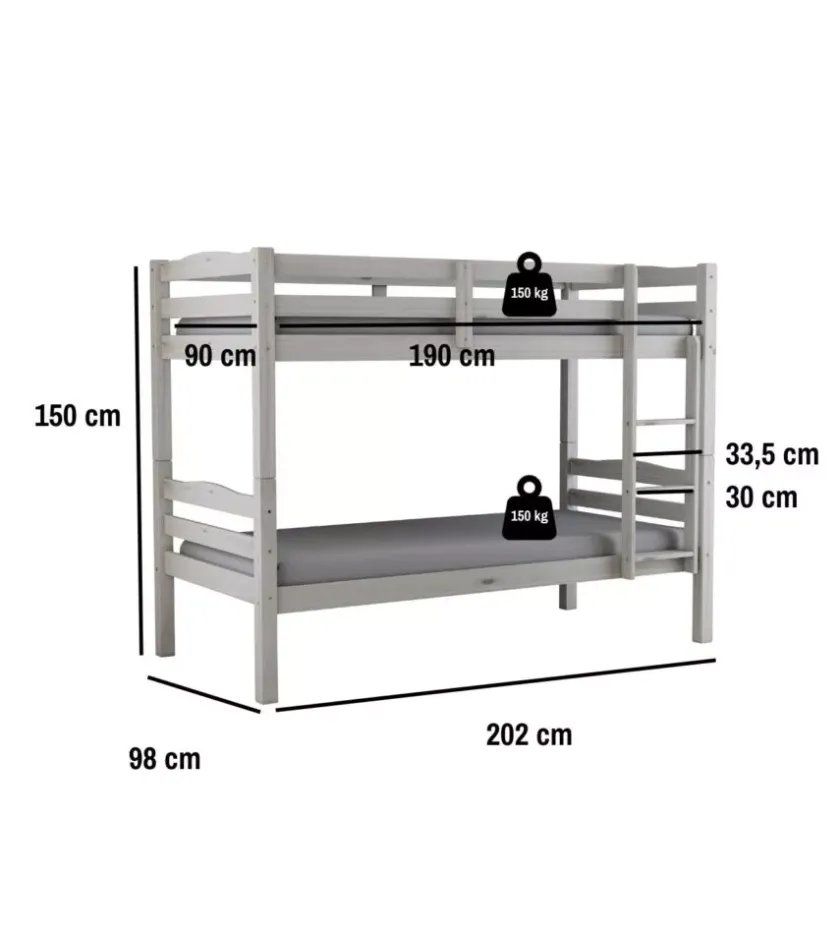 BellaHome Letti E Comodini-Letto a castello "marsiglia" in pino massello bianco 202x98x150 cm