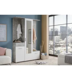 BellaHome Mobile da ingresso "barcellona" con specchio, cassetti e appendiabiti bianco e cemento, 133x33x197 cm
