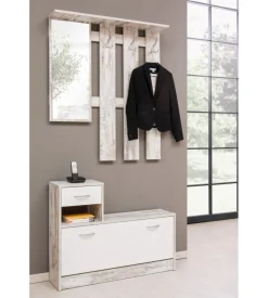 BellaHome Mobile da ingresso con specchio e appendiabiti bianco anticato, 100x180x25 cm