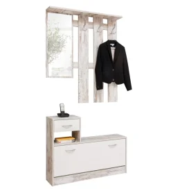 BellaHome Mobile da ingresso con specchio e appendiabiti bianco anticato, 100x180x25 cm