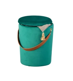 Pouf "secchiello" in velluto verde con maniglia, 35x35x45 cm New