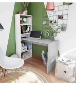 BellaHome Scrivania "duplo" con libreria reversibile bianco e cemento 120x53x144 cm New
