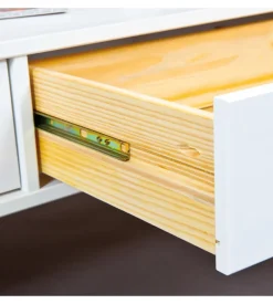 Tavolini-Tavolino in legno con piano vetro e 2 cassetti, 115x45x60 cm